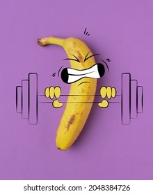 Strong man. Funny cute yellow banana, dude workouts isolated over purple background. Drawn fruit in a cartoon style. Vitamins, vegan. Concept of funny meme emotions, healthy food concept - Shutterstock ID 2048384726