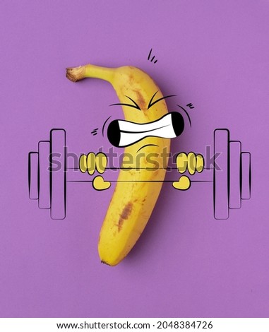 Strong man. Funny cute yellow banana, dude workouts isolated over purple background. Drawn fruit in a cartoon style. Vitamins, vegan. Concept of funny meme emotions, healthy food concept