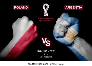 Strong Man Hands Painted Country Flags In Fighting Signal Black Background. Qatar 2022 FIFA World Cup. Poland Vs Argentina. Schedule, Date, Time And Stadium. FIFA World Cup 2022. Editorial Use.