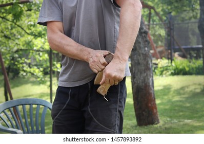 Strong Man Split Big Log With His Own Hands. Unreal Power In Hands. Strongman In Real Show. Break Wooden Stick With Bare Hands.