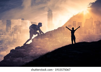 Strong Man And Woman Climbing Up Mountain Overcoming Obstacles. Never Give Up, Power And Strength Concept.  Double Exposure. 