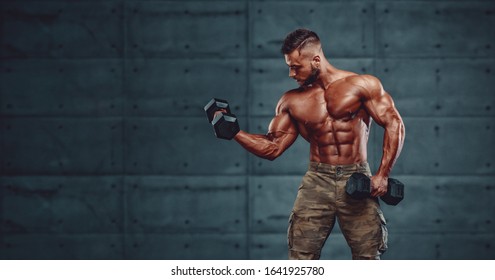 Strong Muscular Army Men Exercise With Dumbbells, Lifting Weights - Shutterstock ID 1641925780
