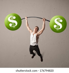 Strong muscular man lifting green dollar sign weights