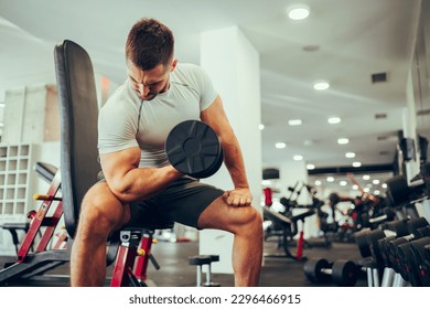 A strong muscular sportsman is sitting in a gym during his strength training and pumping muscles while looking at it. A dedicated sportsman is sitting in a gym and doing exercises for the biceps.