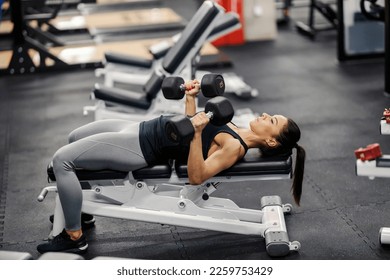 A strong muscular sportswoman is lying on a bench in gym and lifting dumbbells while doing exercises for biceps.