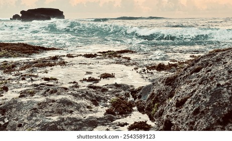 A strong ocean wave during high tide runs onto the rocky shore of an island in the Indian Ocean after rain - Powered by Shutterstock