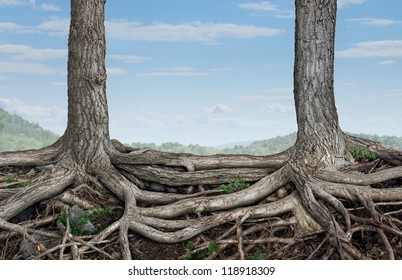 Strong Partnership And Foundation As A Business Concept Of Stability And Loyalty With Two Trees With Roots Connected Together As A Symbol Of Agreement And Merging Forces Together For Success.