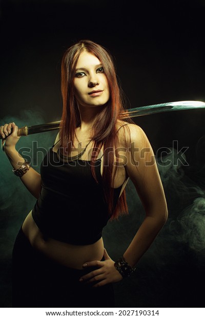 Strong Powerful Girl Posing Sword Over Stock Photo 2027190314 ...