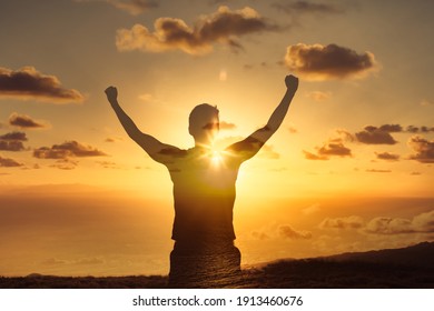 Strong Powerful Man Flexing His Arms Up To The Sky. Mental And Physical Strength Concept.