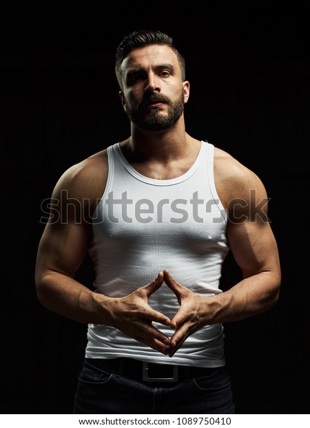 Strong Serious Muscular Man White Tshirt Stock Photo 1089750410 ...