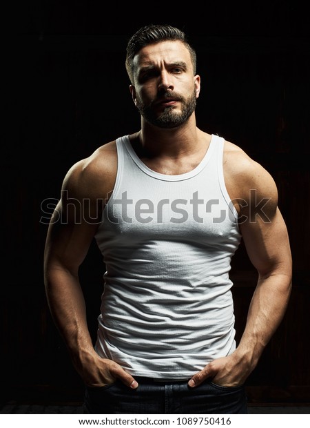 Strong Serious Muscular Man White Tshirt Stock Photo 1089750416 ...