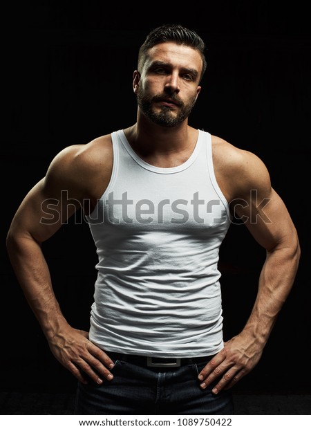 Strong Serious Muscular Man White Tshirt Stock Photo 1089750422 ...