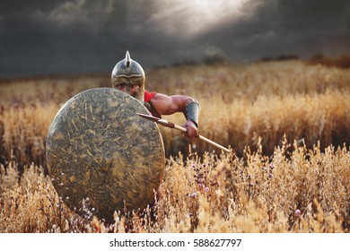 Strong Spartan Warrior In Battle Dress With A Shield And A Spear