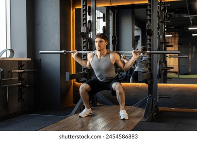 Strong sportsman squat with barbell in gym, young strong guy do exercises, have muscular body - Powered by Shutterstock