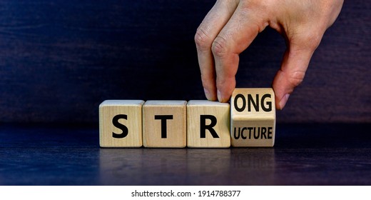 Strong structure symbol. Businessman turns a wooden cube with words 'strong structure'. Beautiful grey background, copy space. Business and strong structure concept.