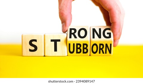 Strong and stubborn symbol. Concept words Strong Stubborn on wooden block. Beautiful yellow table white background. Businessman hand. Business strong and stubborn concept. Copy space.