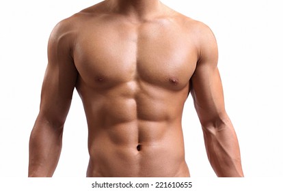 strong torso of a young man on white background 