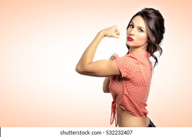 Strong vintage retro woman horizontal poster space flexing arm tough girl worker