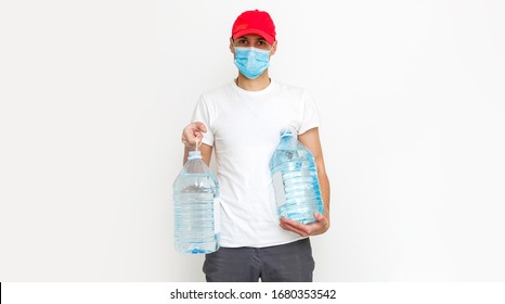 Strong Water Delivery Man In Protective Mask. Isolated On White.