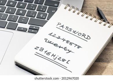 Strong And Weak Easy Password Concept. Handwritten Text On Notepad On Laptop