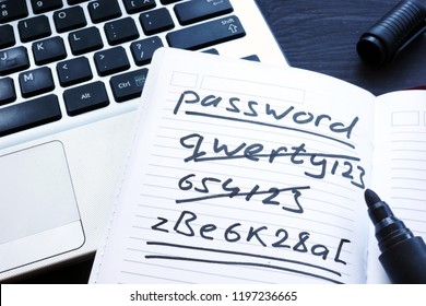 Strong and weak easy Password. Note pad and laptop.
