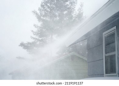 Strong Wind Blowing Snow Off The Roof In Blizzard   