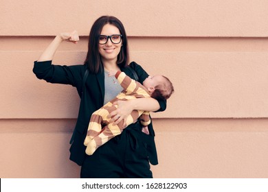Strong Woman in Business Outfit Holding Baby. Female role model being a strong mom and an entrepreneur
