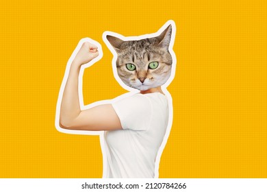 Strong Woman Headed By Cat Head Raises Arm And Shows Bicep Isolated On A Color Yellow Background. Support Animal Rights, Activism. Trendy Collage In Magazine Style. Contemporary Art. Modern Design