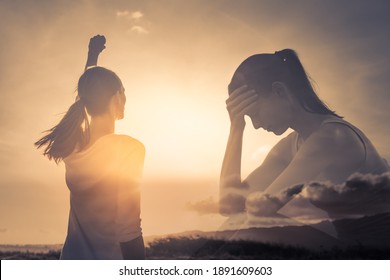 Strong woman overcoming her darkest fears. Winning, mental health ,and religious concept. Double exposure 
 - Shutterstock ID 1891609603