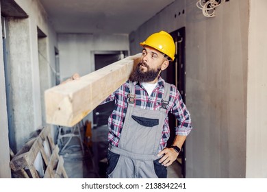 A strong worker holding wooden beam on the shoulder and relocating it in a building in construction process.