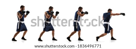 Strong. Young professional boxer training in action, motion of step-to-step kicking isolated on white background. Concept of sport, movement, energy and dynamic, healthy lifestyle. Flyer.