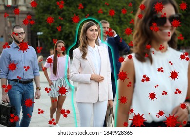 Stronger immunity - better disease resistance. Young healthy woman surrounded by viruses in crowd - Shutterstock ID 1849928365