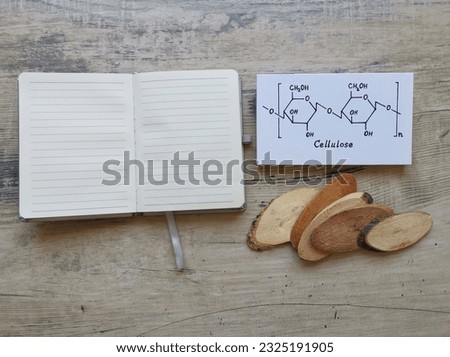 Structural chemical formula of cellulose with notebook and oval wooden slices. Cellulose is a polysaccharide, obtained from wood and cotton, used to produce paper and paperboard.