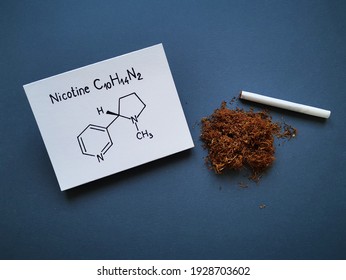 Structural Chemical Formula Of Nicotine Molecule With Tobacco Dry Heap And Handmade Cigarette. Nicotine Is A Plant Alkaloid, Found In The Tobacco Plant. It Is A Major Component Of Cigarettes.