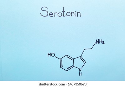 Structural chemical formula of serotonin molecule on a blue background. Serotonin is a neurotransmitter (contributor to feelings of well-being and happiness).