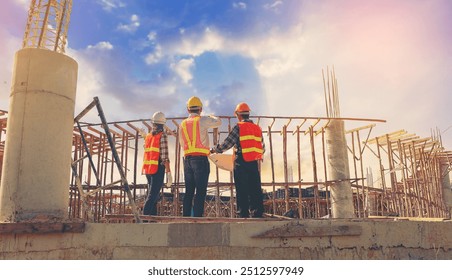 Structural engineer and architect and foreman worker with blueprints discuss, plan working for the outdoors building construction site. Construction collaboration concept - Powered by Shutterstock