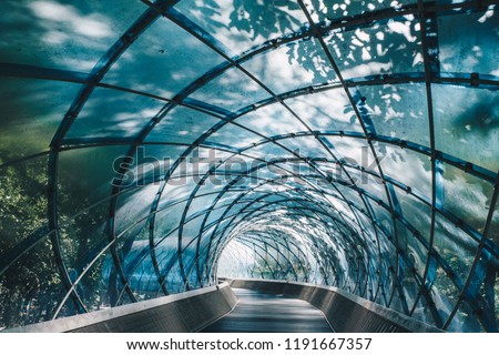 Structural glass facade curving roof and the wooden pathway inside. Modern and Contemporary architectural fiction with glass steel column.Abstract architecture fragment.   Anyang Art Park in Korea