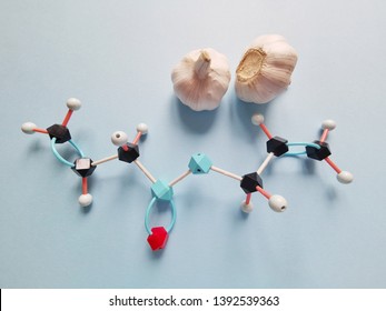 Structural model of allicin molecule and garlic on bright background. Allicin is an organosulfur compound obtained from garlic. Molecular structure model of allicin. Black=C, white=H, red=O, blue=S.