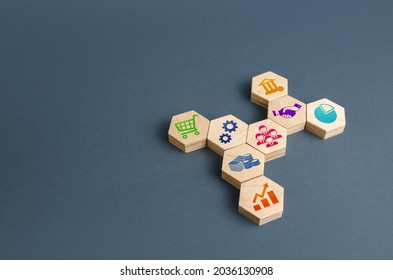 The structure of attributes of a successful business. Development of leadership organizational skills. Business tools services. Stimulating entrepreneurship. Education, management training. - Shutterstock ID 2036130908