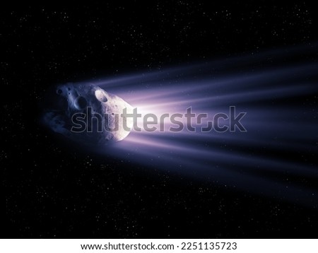 Structure of the comet: a solid nucleus consisting of ice, a gas and dust tail. Bright glow of evaporating substances from the comet's surface.