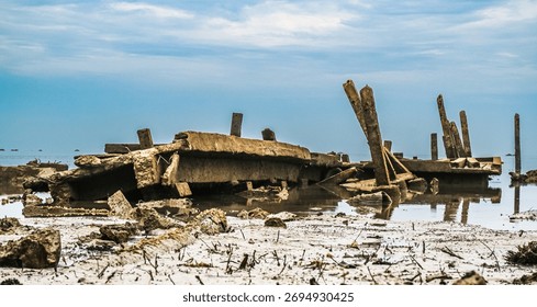The structure of the dock is distined and mostly destroyed, with broken wooden and concrete poles sticking out of the water. This view gives a dramatic and artistic impression.