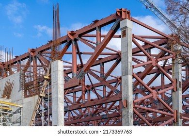 Structure of industrial building with prefabricated engineering formwork under construction. Metal base of reinforced concrete walls. Part of structure of building of reinforced concrete. - Shutterstock ID 2173369763