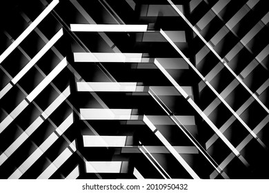 Structure of pitched roof or ceiling. Minimal architecture of modern building. Technological grid. Abstract geometric and material background with parallel lines. Construction industry or technology.