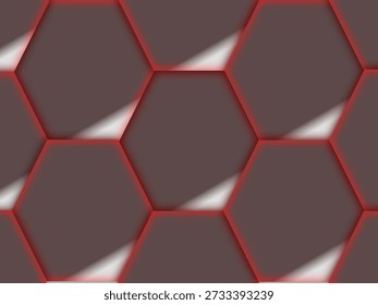 A structured grid of dark brown hexagons glows with intense red light