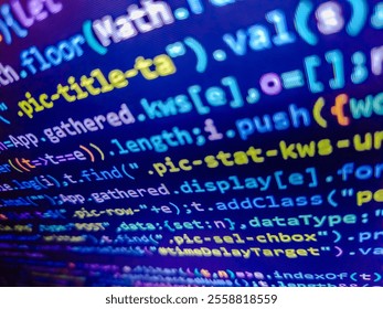 Structured sql code on monitor. Software code on a computer screen, illustrating programming, coding, and software development. Background of program code. Stock market graph analysis. Blue php.