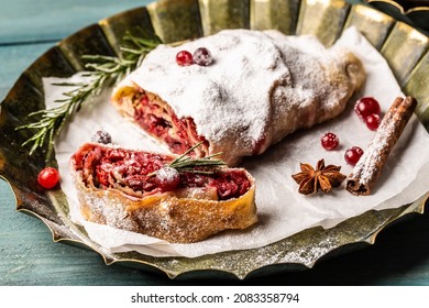 Strudel With A Cherry. Cherry Pie. Winter Dessert Strudel With Cherry, Cranberries And Walnut.