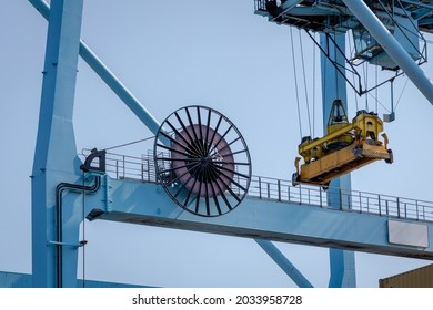 STS Container Crane with Cable Reel, Spreader and Operators Cabin at the Docks