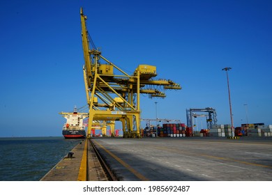 STS crane at the Belawan port and logistic. Medan, Indonesia - December 2019