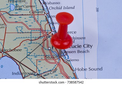 Stuart, Florida, Martin County in the United States of America marked on map with red pushpin. Hobe Sound can also be seen on map.