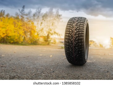 Studded Tire In Autumn On The Street